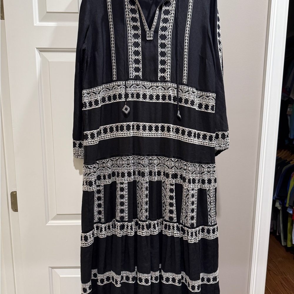 Zara Black and White Embroidered Bohemian Linen Dress - XL - Picture 7 of 11